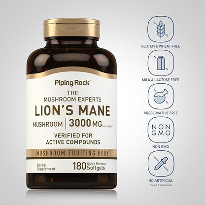Piping Rock Lions Mane Supplement | 3000mg | 180 Softgel Capsules | Mushroom Fruiting Body Extract | Non-GMO, Gluten Free