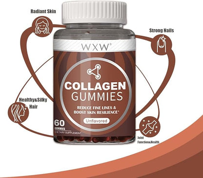 WXW Collagen Gummies - Unflavored - Type 1 & 3 Collagen Peptides for Women with Biotin, Vitamin C, E for Hair Skin and Nails & Joint Support - 60 Count