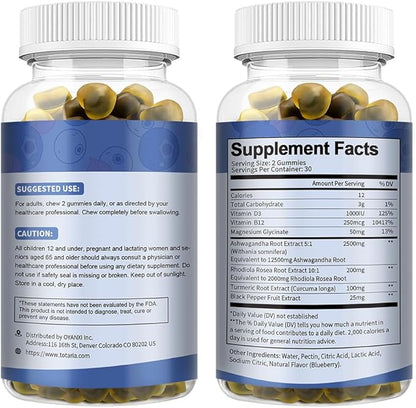 (2 Packs) Sugar Free Ashwagandha Filled Gummies w/Vitamin D3, Magnesium Glycinate, Rhodiola, Ultra Strength Ashwa Root Supplements for Women & Wen, for Relaxation, Energy, Cortisol Gummies