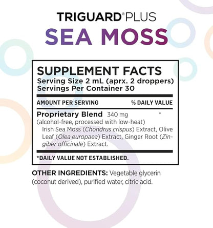 TriGuard Plus Sea Moss - Irish Sea Moss, Olive Leaf & Ginger Root Extract Liquid Tincture 2 fl oz | For Thyroid, Digestion, Immune Support & Energy | Alcohol-Free, Non-GMO, Made in USA