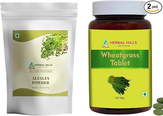 HERBAL HILLS Alfalfa Leaf Powder and Wheat Grass Tablets Pack of 2 Combo