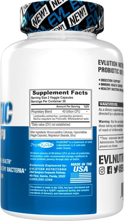 Evlution Nutrition Probiotic - 40 Billion CFU - Supports Digestive + Immune Health - Probiotic Supplement for Men & Women - Vegetarian, Gluten Free & Non-GMO - 30 Servings - 60 Veggie Capsules