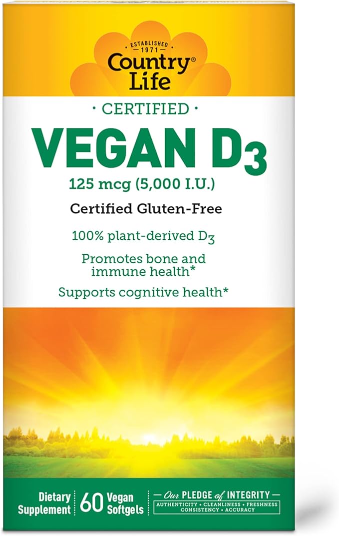 Country Life Vegan D3 5000 IU, 60 Softgels, Certified Gluten Free, Certified Vegan