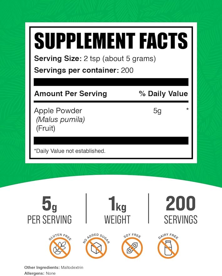 BulkSupplements.com Apple Powder - Apple Fruit Powder, Superfood for Digestive Support - Natural & Gluten Free, 5g per Serving, 1kg (2.2 lbs) (Pack of 1)