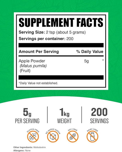 BulkSupplements.com Apple Powder - Apple Fruit Powder, Superfood for Digestive Support - Natural & Gluten Free, 5g per Serving, 1kg (2.2 lbs) (Pack of 1)