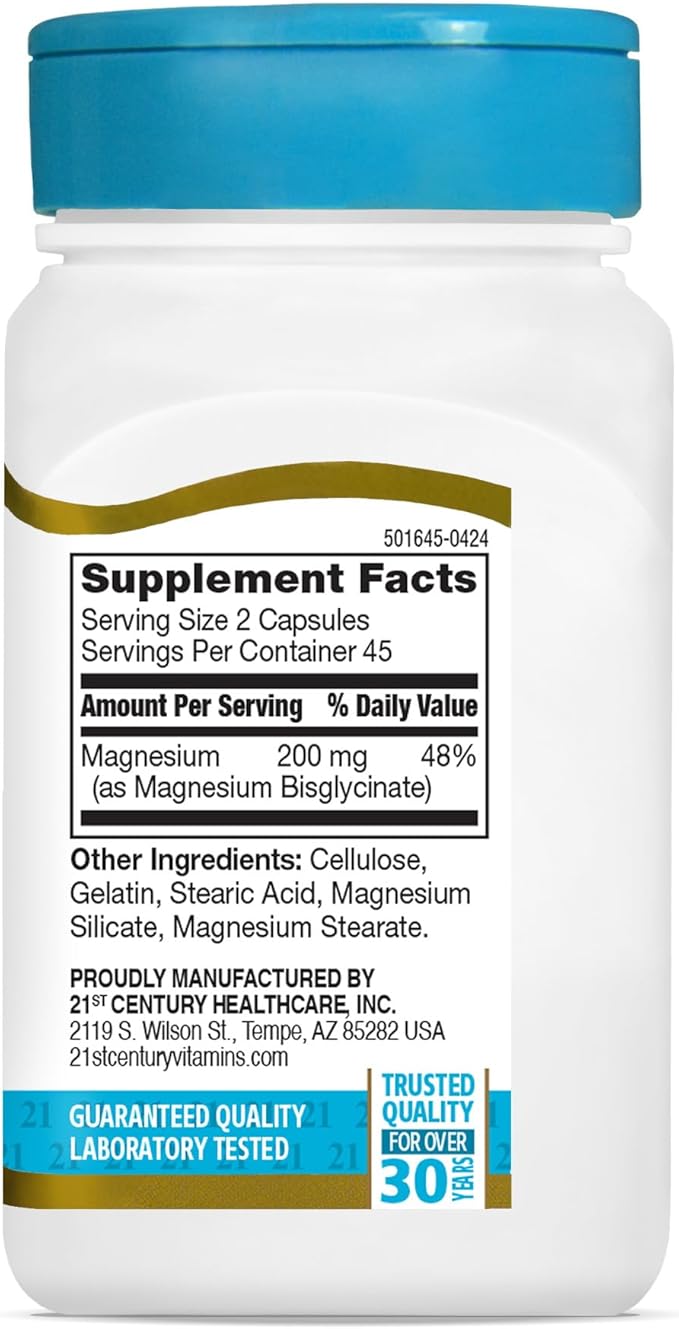 21st Century Magnesium Glycinate 200 mg Capsules per Serving, 90 Count