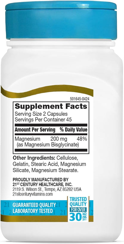 21st Century Magnesium Glycinate 200 mg Capsules per Serving, 90 Count