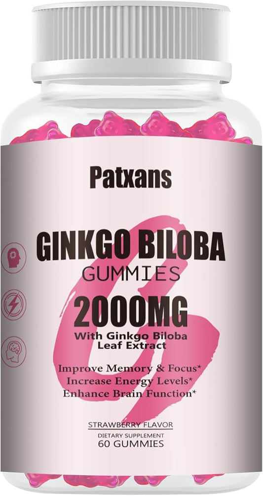 1 Pack 2000mg Ginkgo Biloba Gummies - Ginkgo Biloba Supplements for Brain Health Support, Improve Mood and Focus, Energy, Adult, Vegen, Non-GMO, Strawberry Flavor, 60 Count