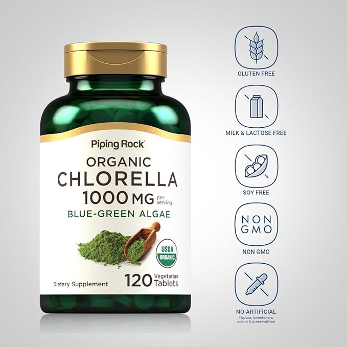 Piping Rock Chlorella | 1000mg | 120 Tablets | Blue-Green Algae | Broken Cell Wall Organic | Non-GMO, Gluten Free Supplement