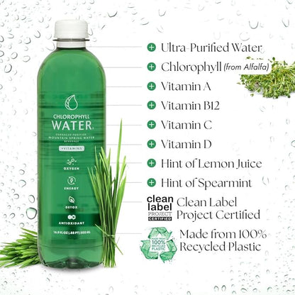 Chlorophyll Water Plant Based Vitamin Water w/Chlorophyll Liquid | Antioxidants, Detox Water, Immune Support, Energy Boost | Liquid Chlorophyll, Mineral Water, Vitamins A,B,C,D | Zero Calories 6pk
