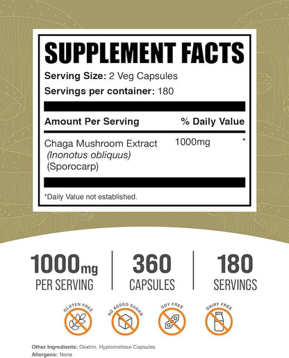 BulkSupplements.com Chaga Mushroom Extract Capsules - Chaga Extract, Chaga Mushrooms - Vegan & Gluten Free, 2 Capsules per Serving (1000mg), 360 Count (Pack of 1)