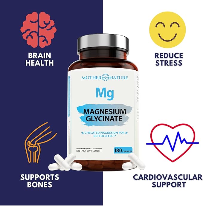 High Absorption Chelated Magnesium Glycinate, Supports Bone and Immune Health Daily Supplement, Chelated for Easier Digestion, 2 Month Supply, 180 Capsules