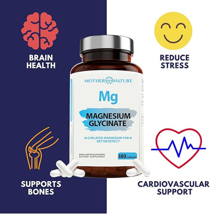 High Absorption Chelated Magnesium Glycinate, Supports Bone and Immune Health Daily Supplement, Chelated for Easier Digestion, 2 Month Supply, 180 Capsules