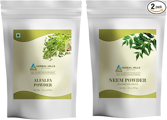 HERBAL HILLS Alfalfa Leaves and Neem Leaf Powder Pack of 2 Combo