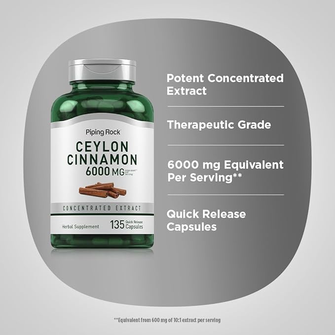 Piping Rock Ceylon Cinnamon Capsules 6000mg | 135 Count | Concentrated Herbal Extract Supplement | for Men and Women | Non-GMO, Gluten Free