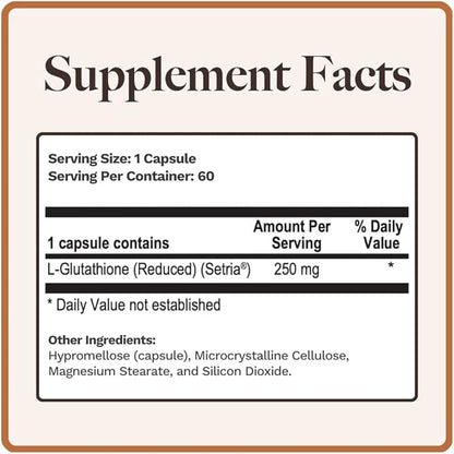 L-Glutathione | Immune Health & Antioxidant Support | Setria® 250mg Reduced Form Glutathione | High Absorption | Made in The USA | 60 Capsules