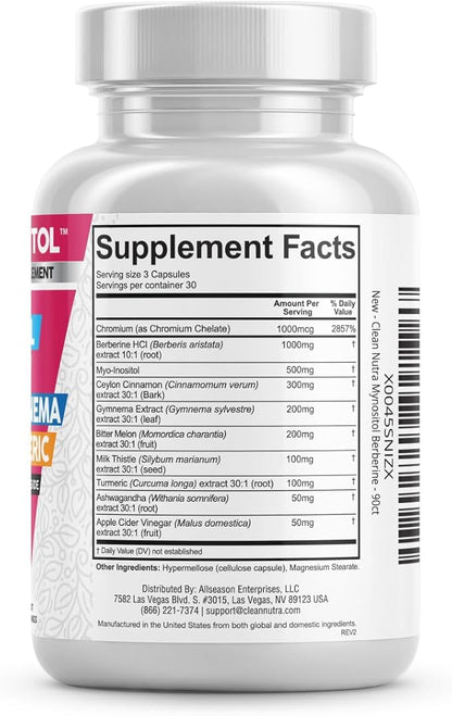Clean Nutra Berberine Supplement with Ceylon Cinnamon, Bitter Melon, Inositol, Gynema Sylvestre, Milk Thistle, Turmeric Extract Berberis HCL Phytosome Capsules Vegan Supplements