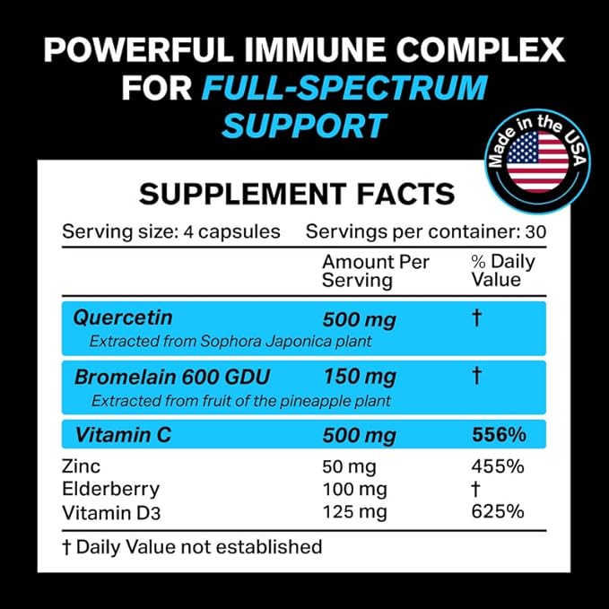 Quercetin 500mg Supplement with Sambucus Elderberry, Bromelain, Vitamin C, Zinc 50mg, & Vitamin D3 5000 IU - Antioxidant & Immune Health Support Zinc Quercetin - 6 in 1 Black Elderberry Supplement