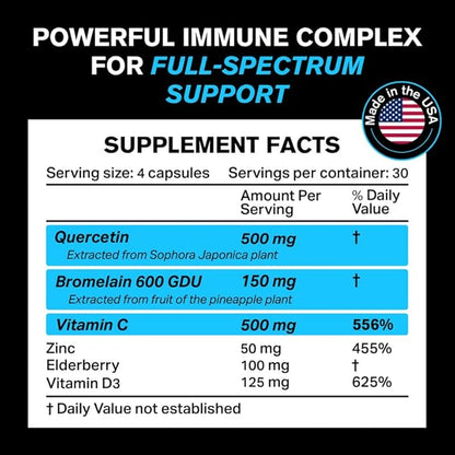 Quercetin 500mg Supplement with Sambucus Elderberry, Bromelain, Vitamin C, Zinc 50mg, & Vitamin D3 5000 IU - Antioxidant & Immune Health Support Zinc Quercetin - 6 in 1 Black Elderberry Supplement