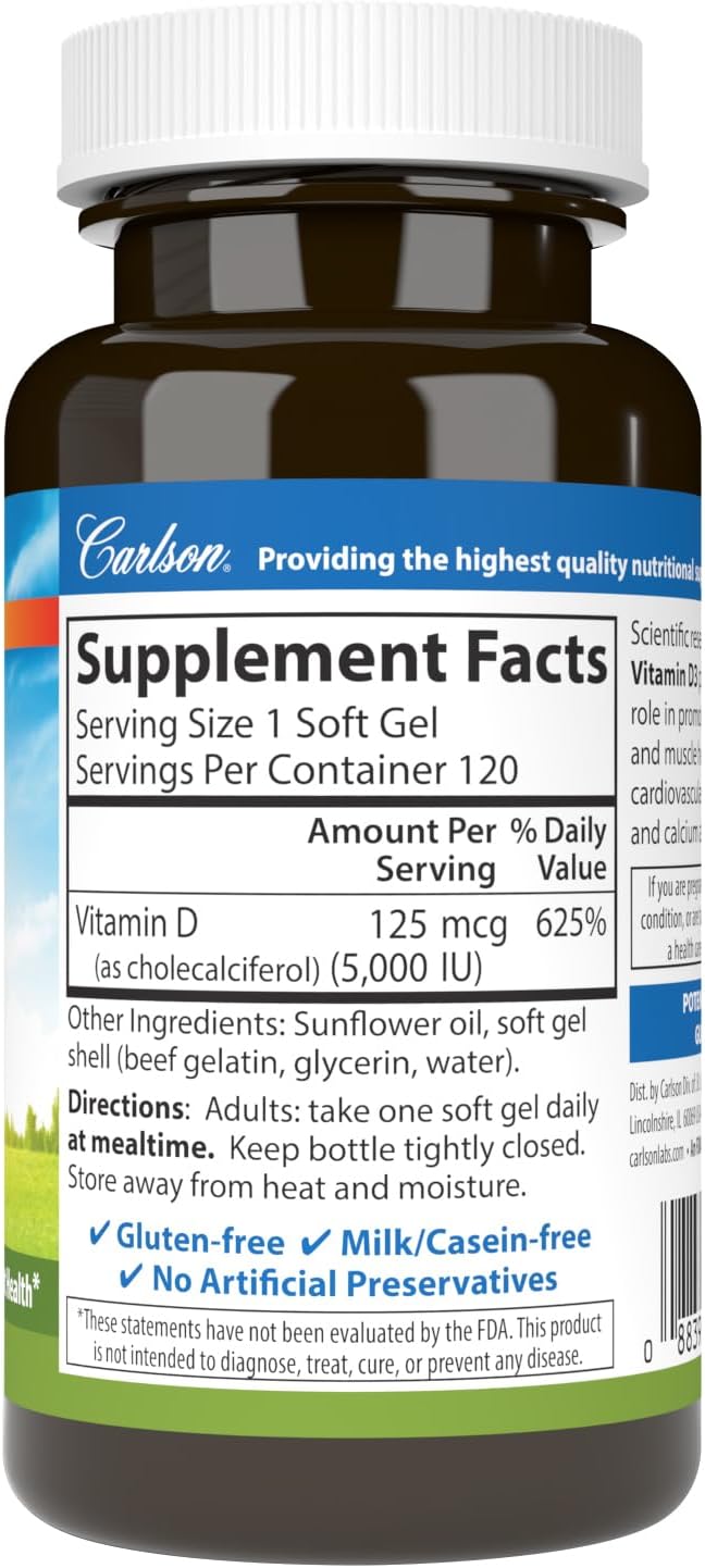 Carlson - Vitamin D3 5000 IU (125 mcg), Bone Health, Muscle Health, Cholecalciferol, Vitamin D Supplements, Vitamin D3 Soft Gels, 120 Softgels