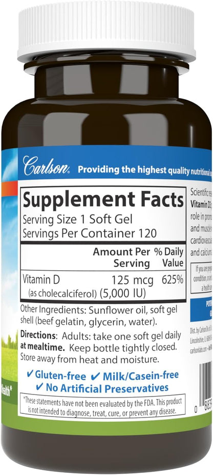 Carlson - Vitamin D3 5000 IU (125 mcg), Bone Health, Muscle Health, Cholecalciferol, Vitamin D Supplements, Vitamin D3 Soft Gels, 120 Softgels