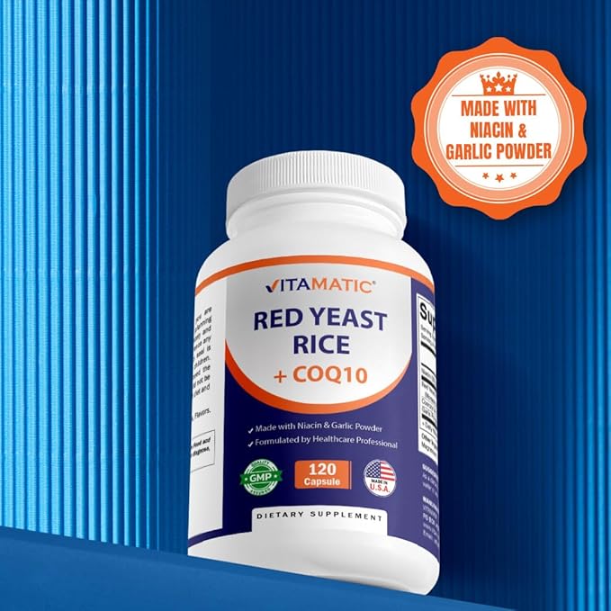 Vitamatic Citrinin-Free Red Yeast Rice 1200 mg. Capsules with CoQ10 100mg, Flush Free Niacin 100mg, & Garlic Powder 20mg - 120 Veg Capsules