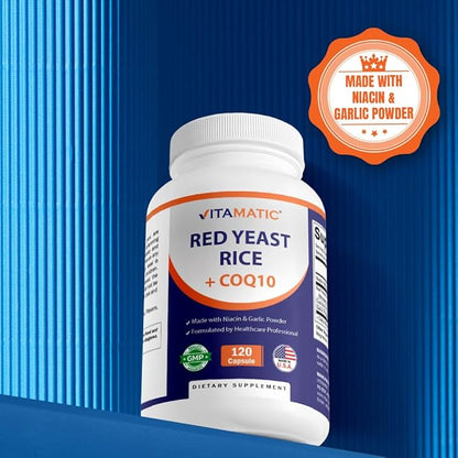 Vitamatic Citrinin-Free Red Yeast Rice 1200 mg. Capsules with CoQ10 100mg, Flush Free Niacin 100mg, & Garlic Powder 20mg - 120 Veg Capsules