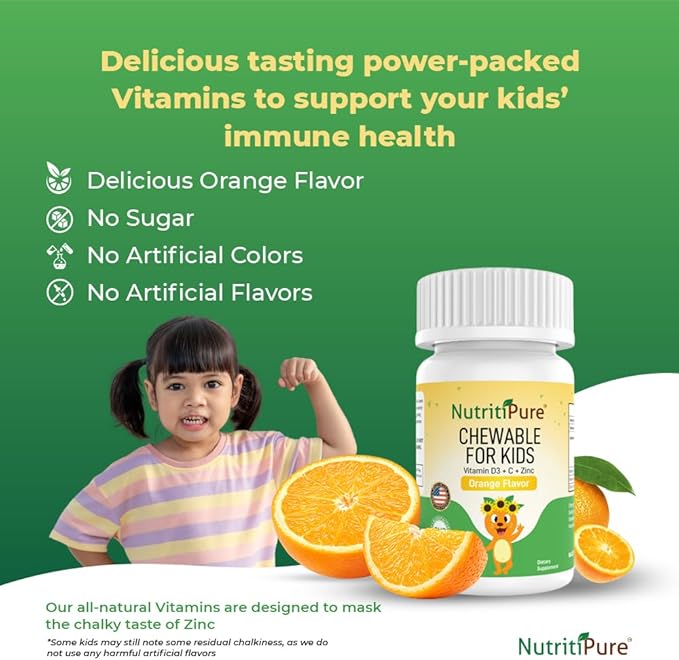 Chewable Vitamin D3 (Cholecalciferol) 25 mcg (1000 IU) + Zinc (Zinc Citrate) 5mg + Vitamin C 30mg for Kids Orange Flavor 90/Bottle (1)