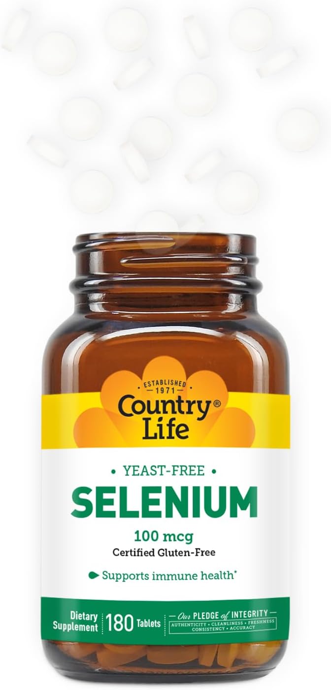 Country Life Selenium, Yeast Free, Supports Immune Health, 100mcg, 180 Tablets, Certified Gluten Free, Certified Vegan, Certified Halal