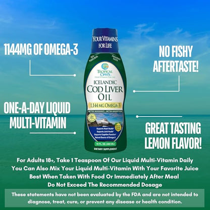 Tropical Oasis - Icelandic Cod Liver Oil | Maximum Strength 1144mg of Liquid Wild-Caught Natural Omega-3 Fish Oil (Lemon Flavor, 90 Servings)