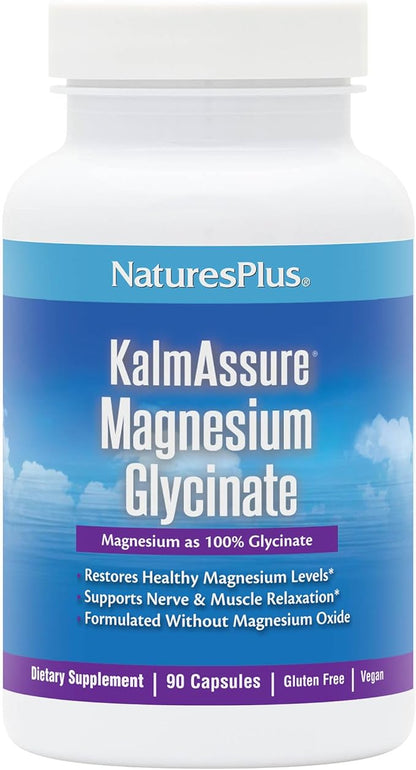 NaturesPlus KalmAssure Magnesium Glycinate - 90 Vegan Capsules - Supports Nerve & Muscle Relaxation - Formulated Without Magnesium Oxide - 30 Servings