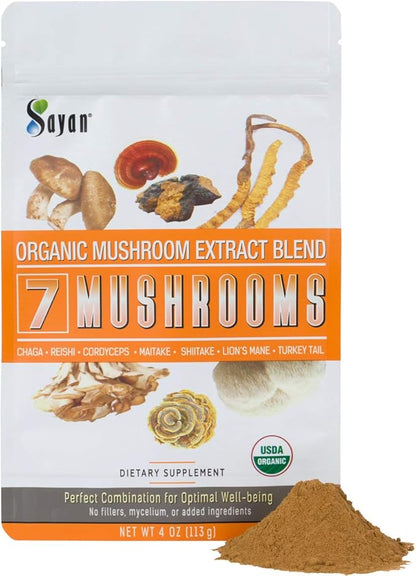 Sayan 7 Mushrooms USDA Organic Extract Powder Blend Supplement 4 oz / 113g - Chaga, Reishi, Cordyceps, Maitake, Shiitake, Lion's Mane and Turkey Tail, No Fillers, Add to Coffee or Tea, Fruiting Body