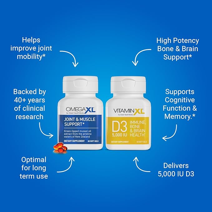 OmegaXL Joint Support Supplement - 60 Softgels & VitaminXL D3 High Potency Daily Vitamin D 5000 IU 125mcg Immune Support Supplement (30 Softgels) - 2 Pack