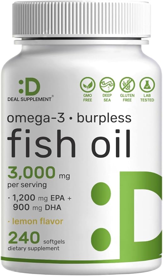 DEAL SUPPLEMENT Omega 3 Fish Oil Supplements, 3,000mg Per Serving, 240 Softgels – EPA 1,200mg + DHA 900mg – Burpless Pills, Lemon Flavored, Wild Caught – Brain & Heart Support – Mercury Free, Non-GMO