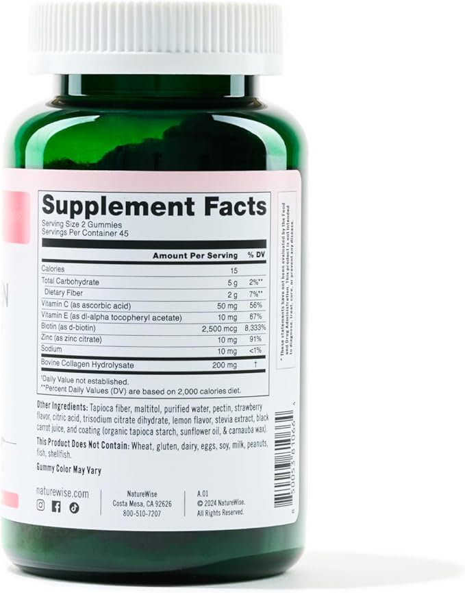 NatureWise Collagen Gummies - Sugar-Free Hydrolyzed Collagen Gummies - Type 1 & 3 Peptides for Women + Biotin, Vitamin C, E, & Zinc for Hair Skin and Nails Support - 90 Count[45-Day Supply]