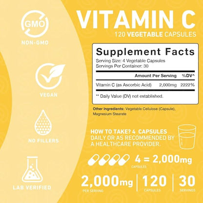 Vitamin C 2000mg Capsules – Double Strength, High Absorption Supplement, Powerful Antioxidant Properties, 120 Capsules (1 Month Supply)