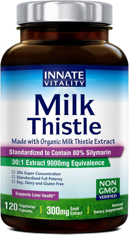 Innate Vitality 30:1 Organic Milk Thistle Supplement, 9000mg Equivalent (300mg Extract), 80% Silymarin Flavonoids, Liver Health, Detox & Cleansing, Made in USA, Non-GMO, 120 Veggie Capsules