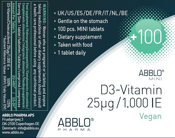 ABBLO Vegan D3-Vitamin 1000iu (25 mcg) 100 Days of Supply for Immune Support