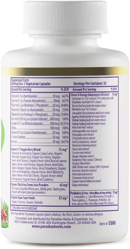 Paradise Herbs, Earth's Blend B-Complex, Methylated, Enzymatically Active Forms of B Vitamins + Superfoods, Supports Energy & Immunity, 60 Capsules