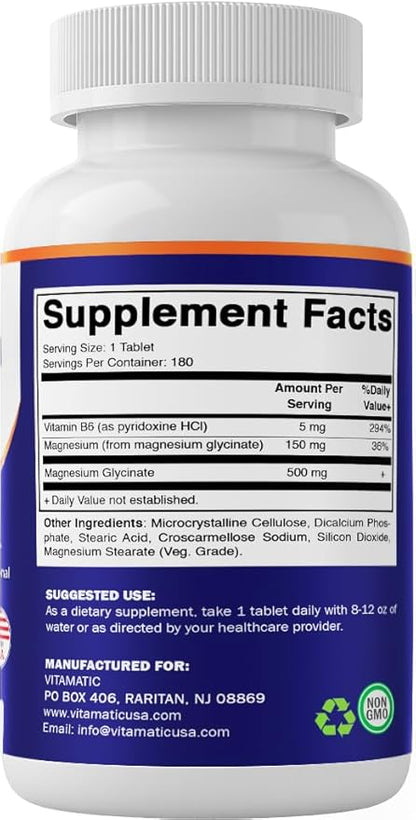 Vitamatic Magnesium Glycinate 500mg per Tablet - 180 Vegetarian Tablets (Uncoated) - Added B6 for Maximum Absorption - Supports Muscle, Joint, and Heart Health* 2 Packs