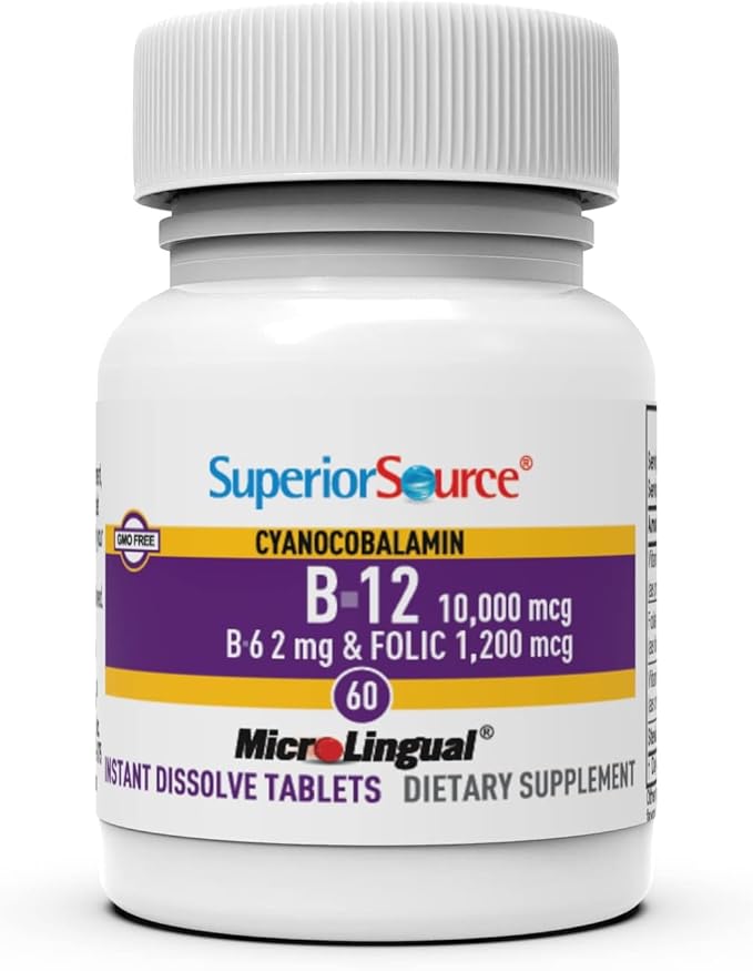 Superior Source No Shot Vitamin B-12 Cyanocobalamin 10000 mcg, B-6, Folic Acid 1200 mcg - Support Brain & Heart Health - Aids Natural Energy Levels - 60 Sublingual Dissolving Tablets