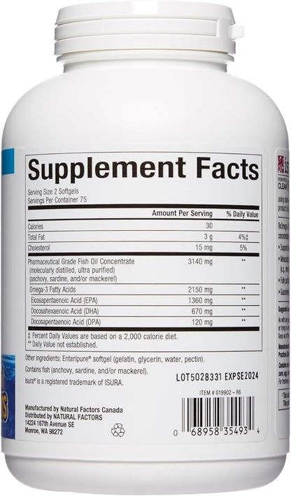 Natural Factors, Ultra Strength RxOmega-3 Fish Oil, High Potency Formula, 2,150 mg Omega-3 Per Serving, No Fishy Aftertaste, 150 Softgels