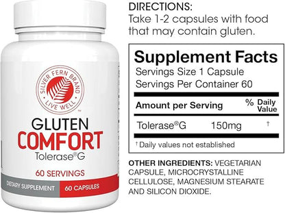 Silver Fern Gluten Comfort with Tolerase G - 1 Bottle - 60 Capsules - Digestive Enzyme Made Specifically to Break Down and Digest Gluten Protein