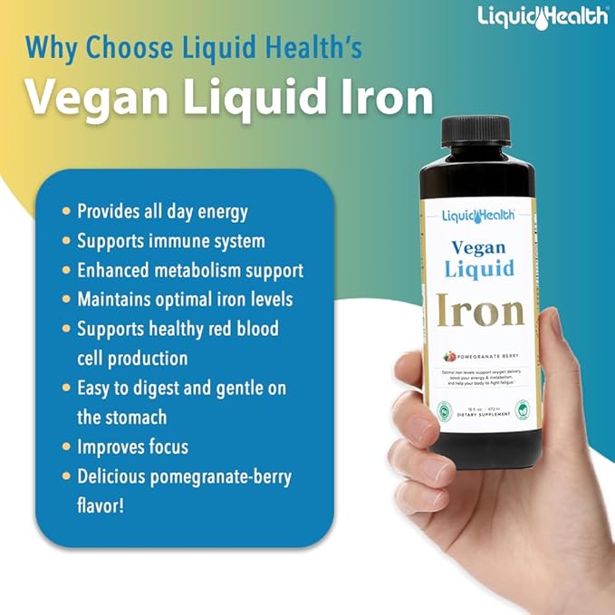 LIQUIDHEALTH Vegan Liquid Iron Supplement with SunActive & Ferrochel Fe - Natural Energy, Immune System & Metabolic Support, Increase Mental Clarity, Prenatal/Postnatal - USA Made, Non-GMO (2 Pack)