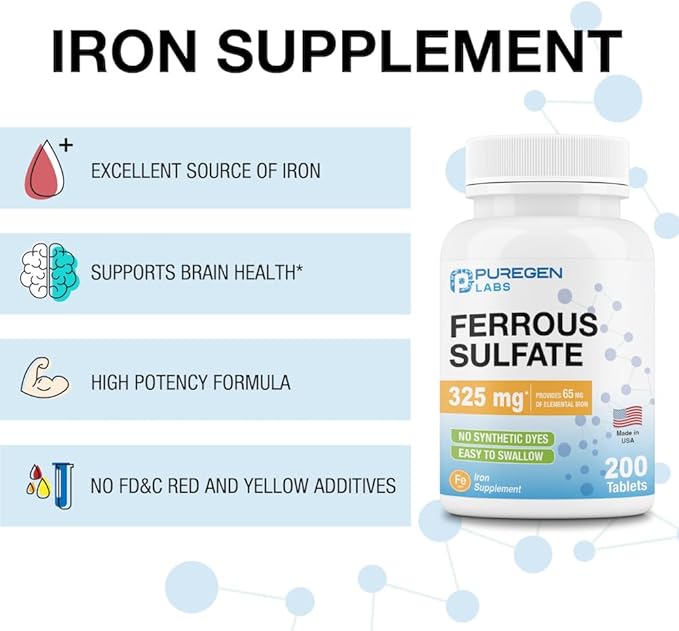 Puregen Labs Ferrous Sulfate 325 mg (65 mg Elemental Iron) High Potency Iron Supplement | No Artificial Color Additives - 200 Tablets Made in USA