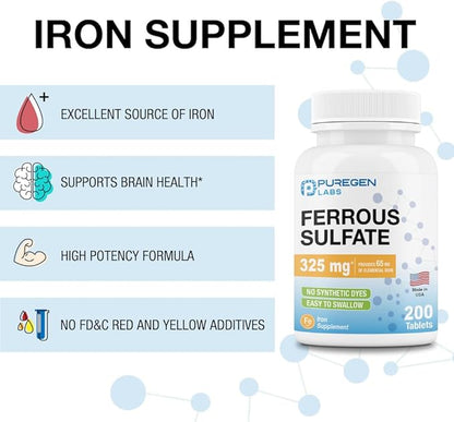 Puregen Labs Ferrous Sulfate 325 mg (65 mg Elemental Iron) High Potency Iron Supplement | No Artificial Color Additives - 200 Tablets Made in USA