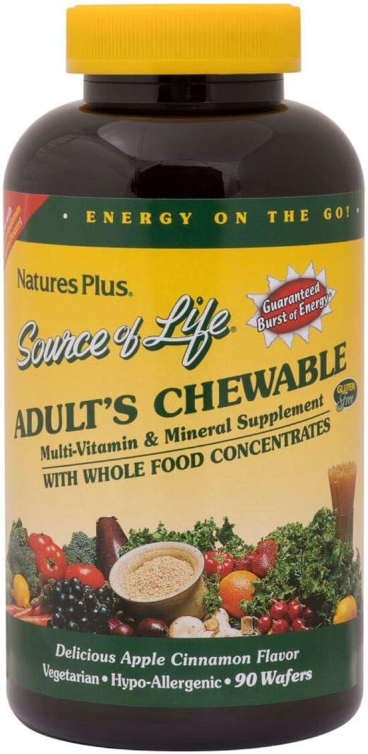 Natures Plus Source of Life Adult Chewable Multivitamin - Apple Cinnamon Flavor - Natural Whole Foods Supplement - Overall Health, Energy - 90 Vegetarian Wafers (45 Servings)