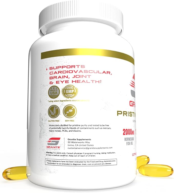Granite Pristine Omega-3 Supplement, 2000mg Norwegian Fish Oil Supplements with EPA & DHA, Supports Joint, Heart, Brain, & Mood, Sustainably Sourced, Purity Tested (60 Softgels)