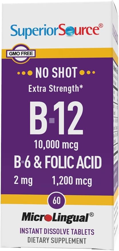 Superior Source No Shot Vitamin B-12 Cyanocobalamin 10000 mcg, B-6, Folic Acid 1200 mcg - Support Brain & Heart Health - Aids Natural Energy Levels - 60 Sublingual Dissolving Tablets