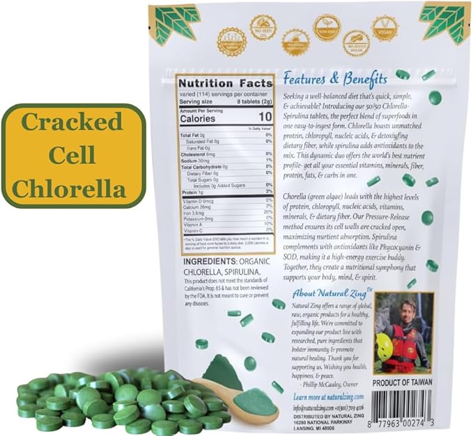 NaturalZing 100% Pure Chlorella/Spirulina Tablets | 1000 250mg Tablets | 60 Servings | 60% Protein | Vegan Protein | Omega 3s | Alkaline | Chlorophyll | Cracked Cell | Grown with Sunlight | Taiwanese